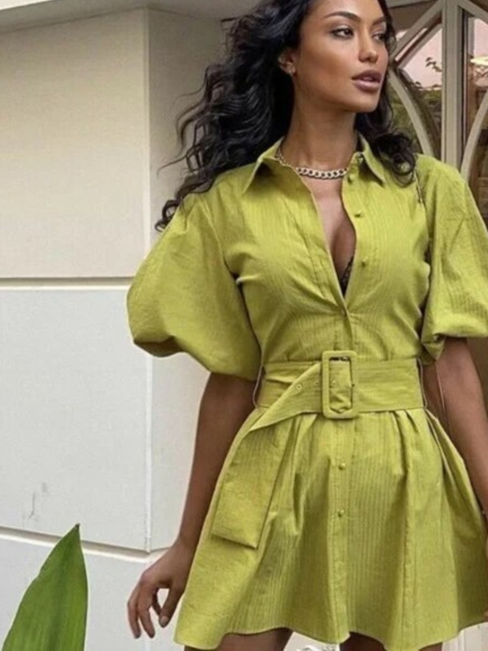 Zara Olive Green Puff-Sleeve Belted Dress